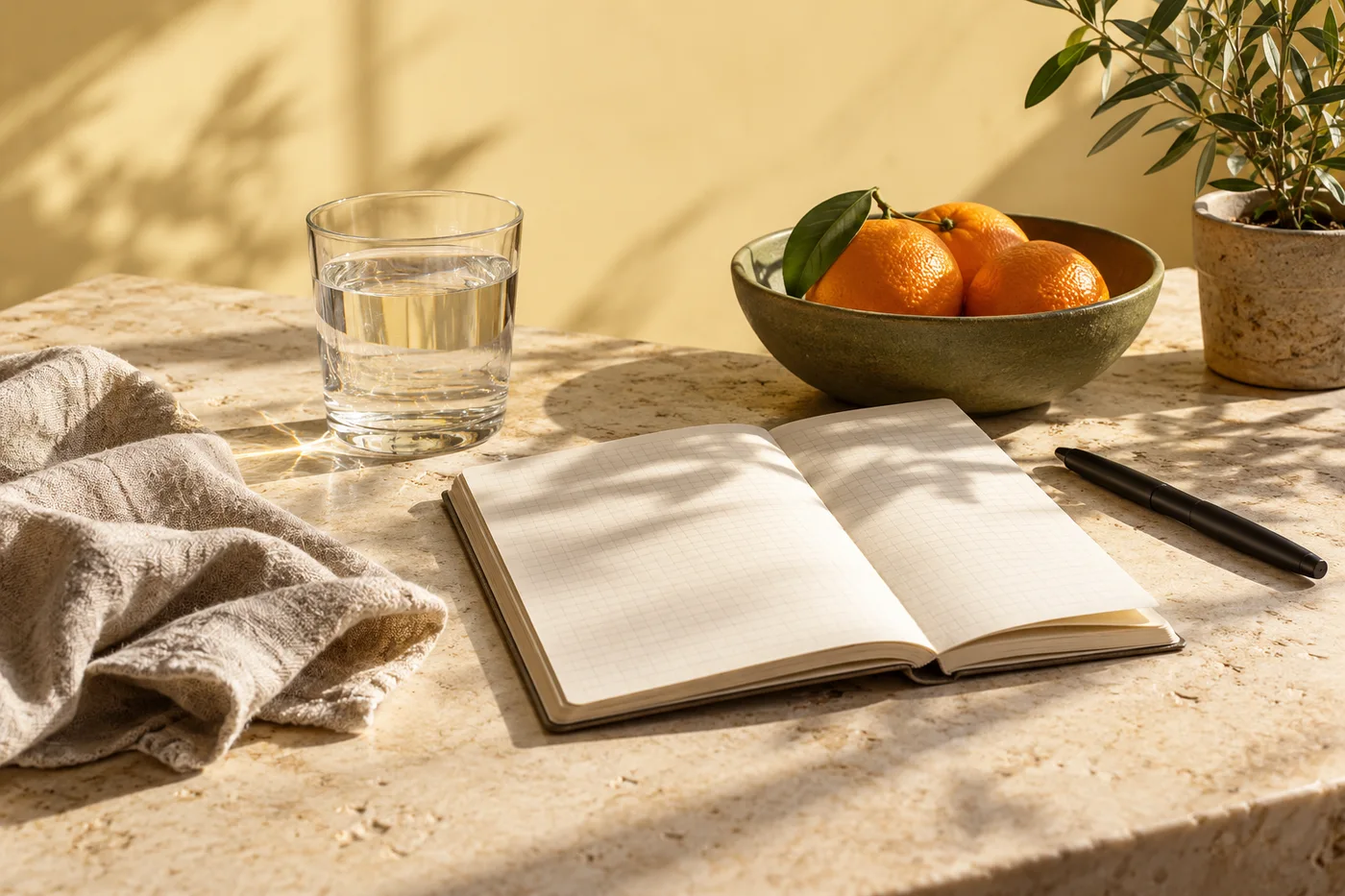 A journal, water and fresh fruit in warm morning light