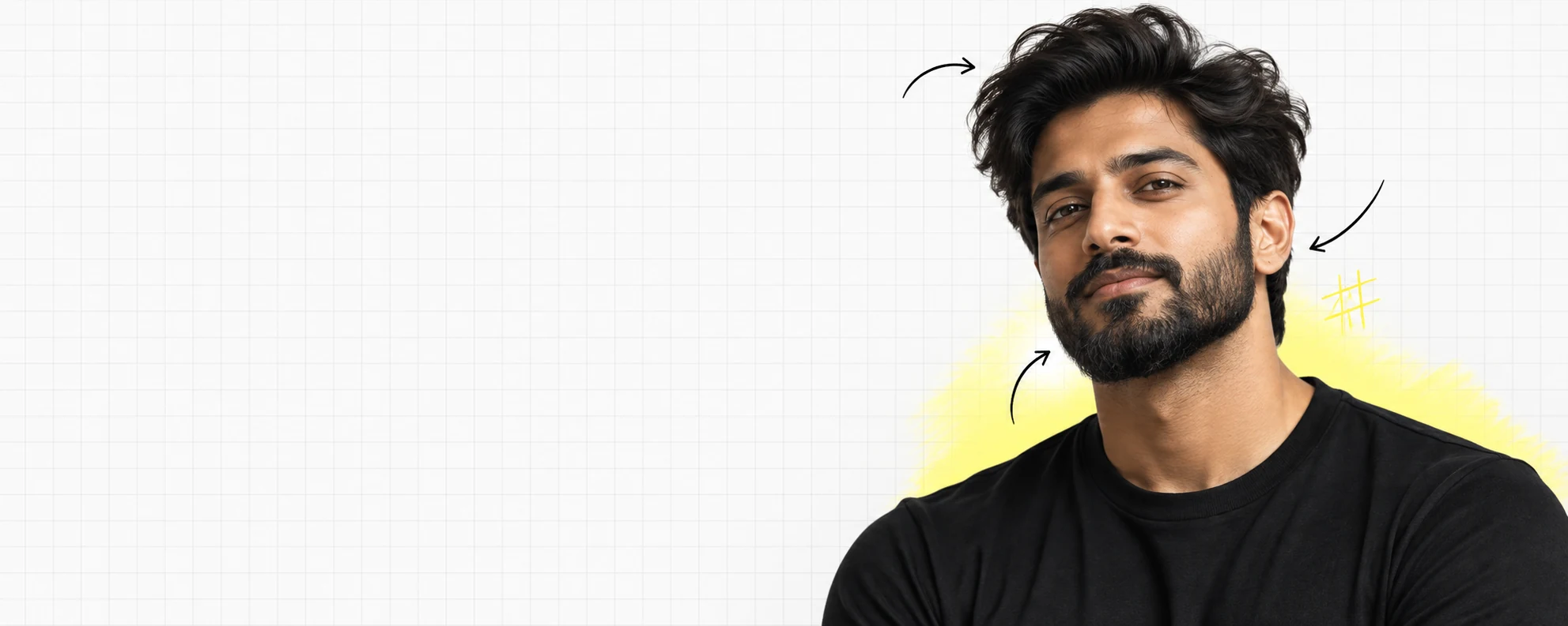 Confident Indian man with natural beard and hairstyle, with visual pointers toward hair and beard