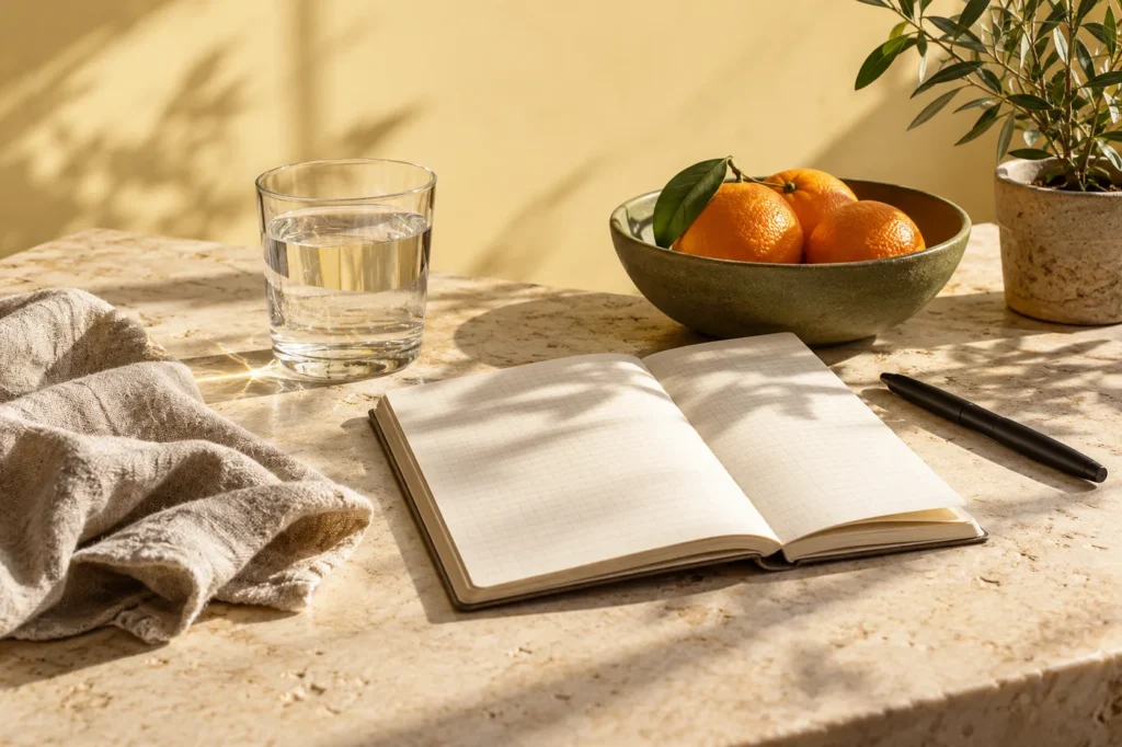 An open journal, water and fruit on a sunny table