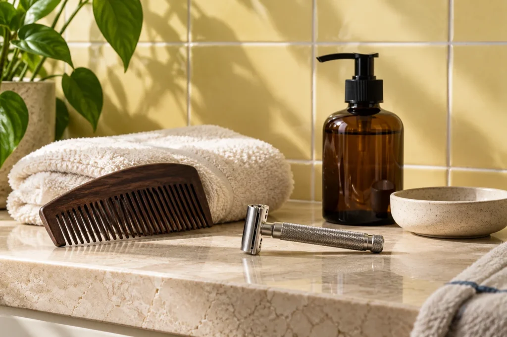 A comb, razor and towel on a bathroom shelf