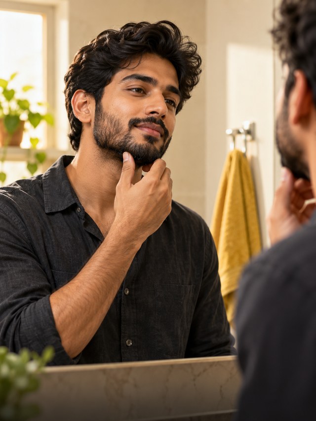 Man with a short beard looking in a bathroom mirror