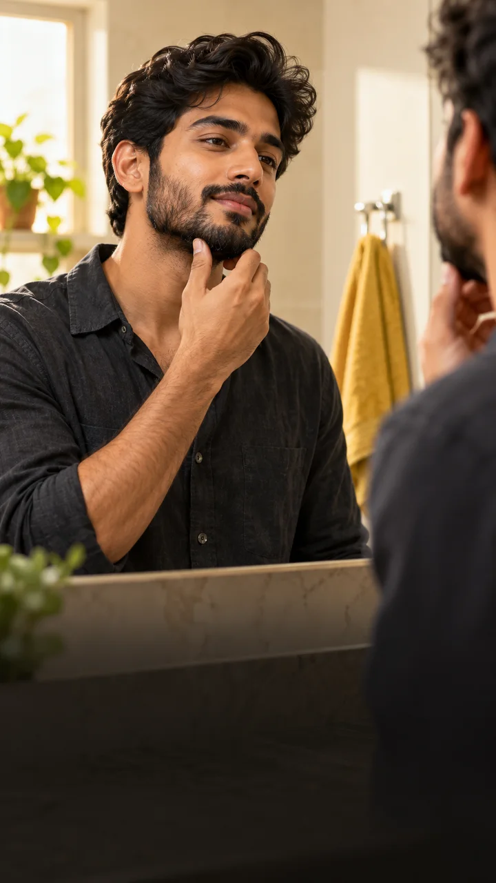 Man with a short beard looking in a bathroom mirror