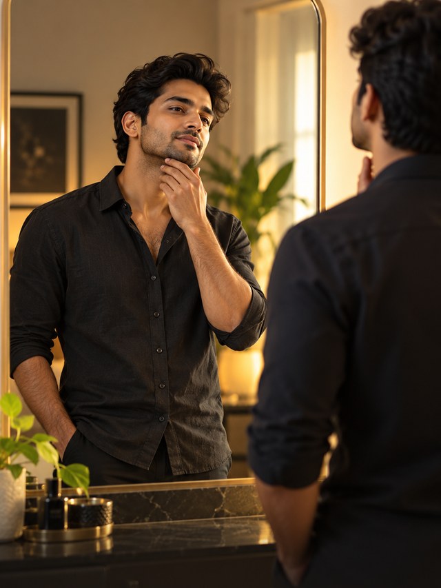 Man looking thoughtfully at his reflection