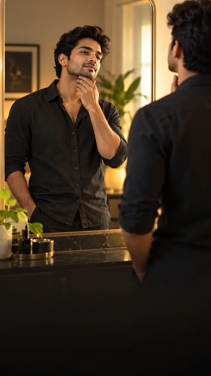 Man looking thoughtfully at his reflection