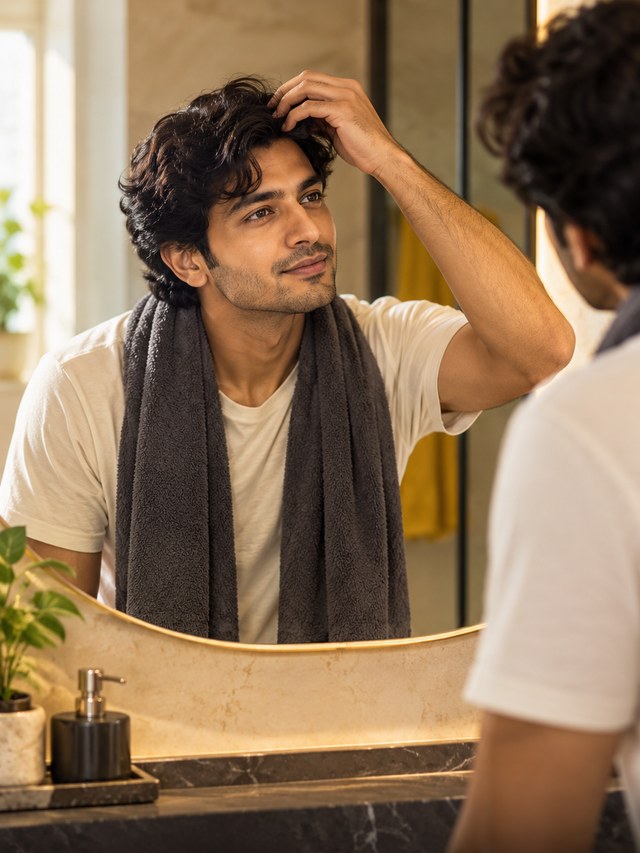 Man checking his hair in a bathroom mirror