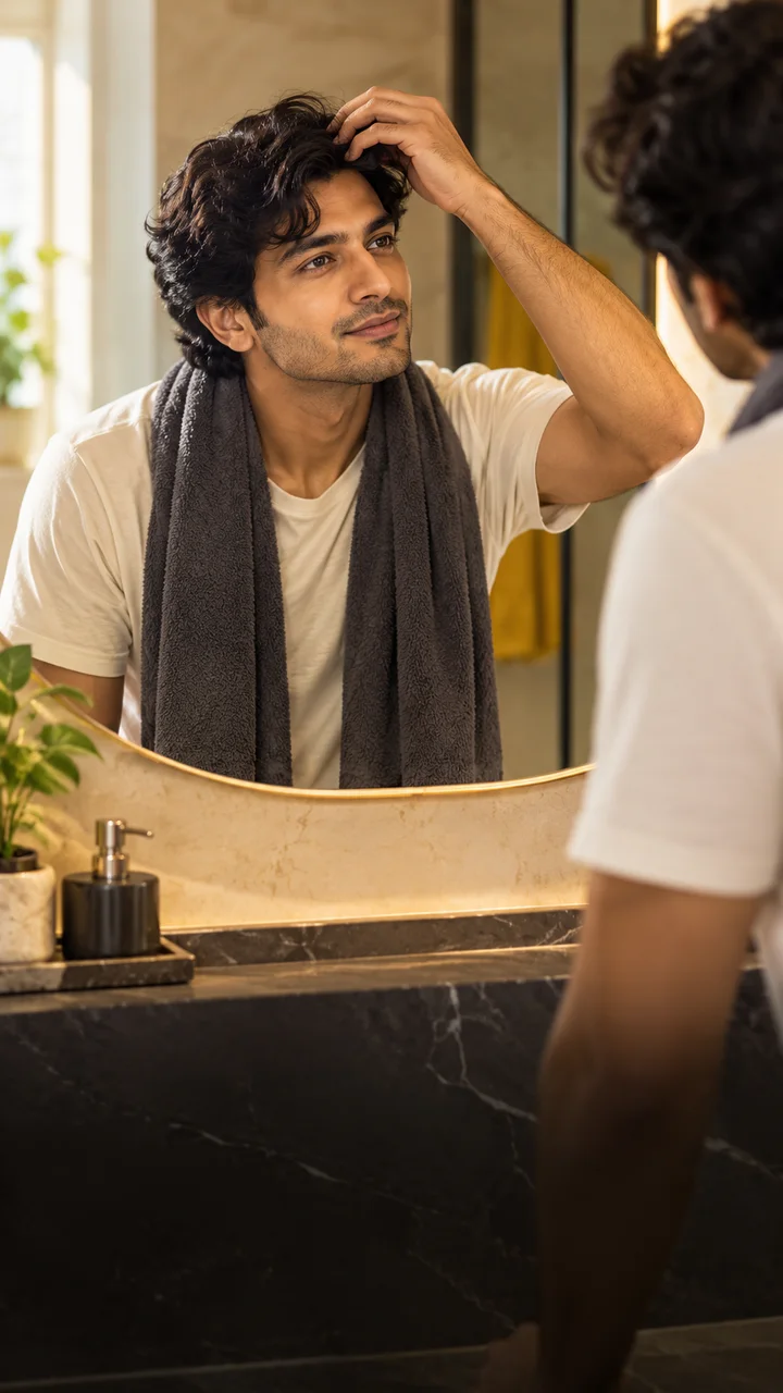 Man checking his hair in a bathroom mirror