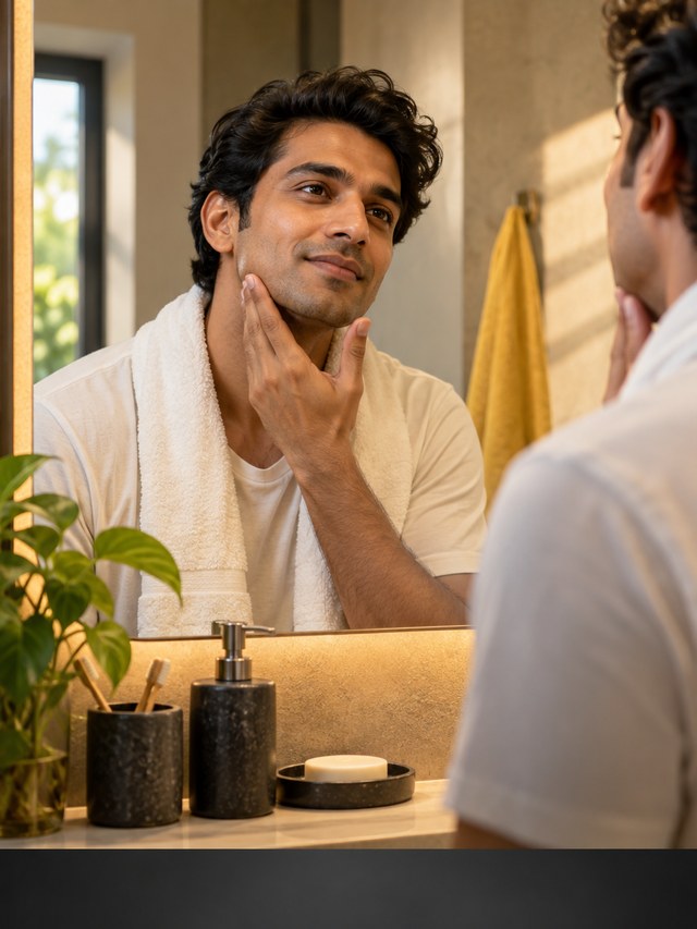 Man with natural skin texture in soft bathroom light
