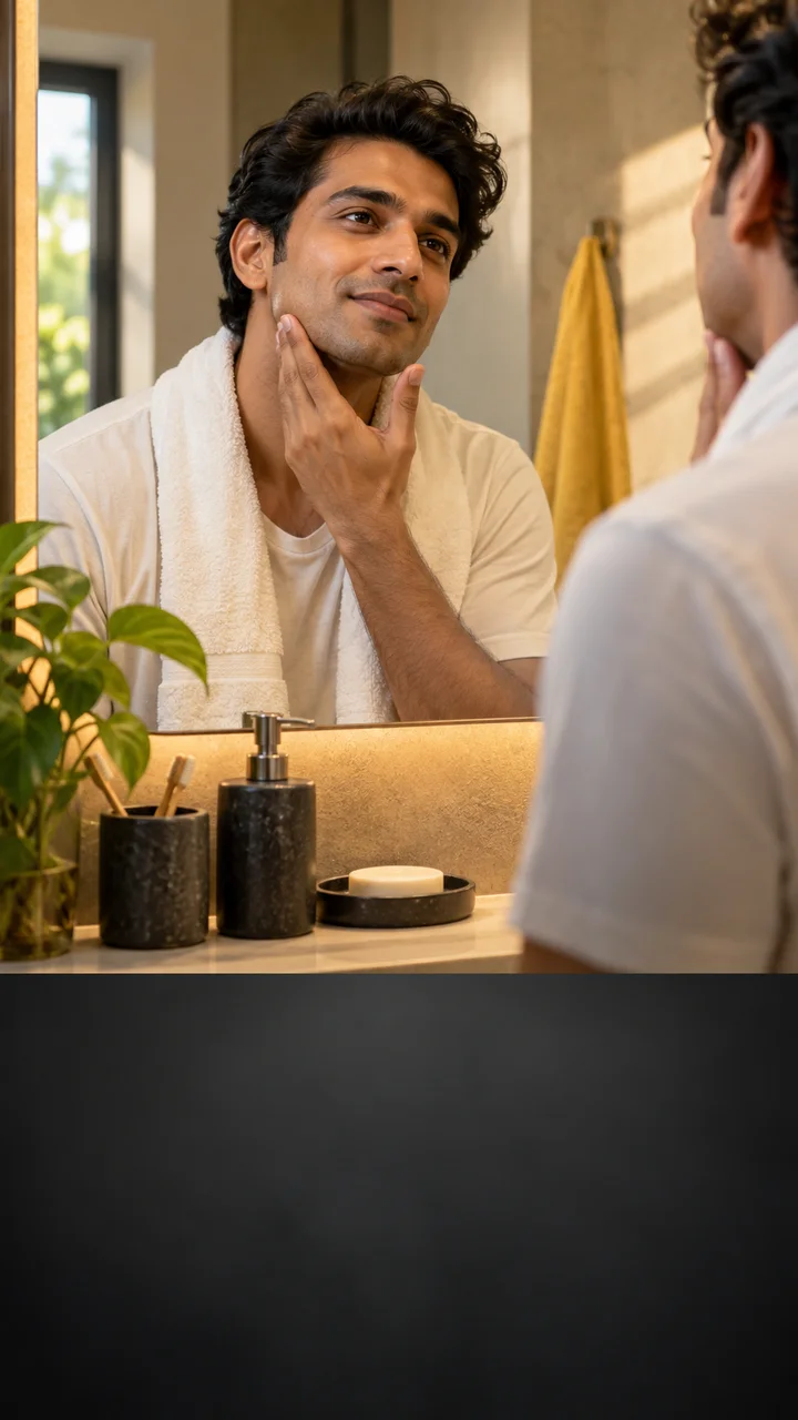 Man with natural skin texture in soft bathroom light