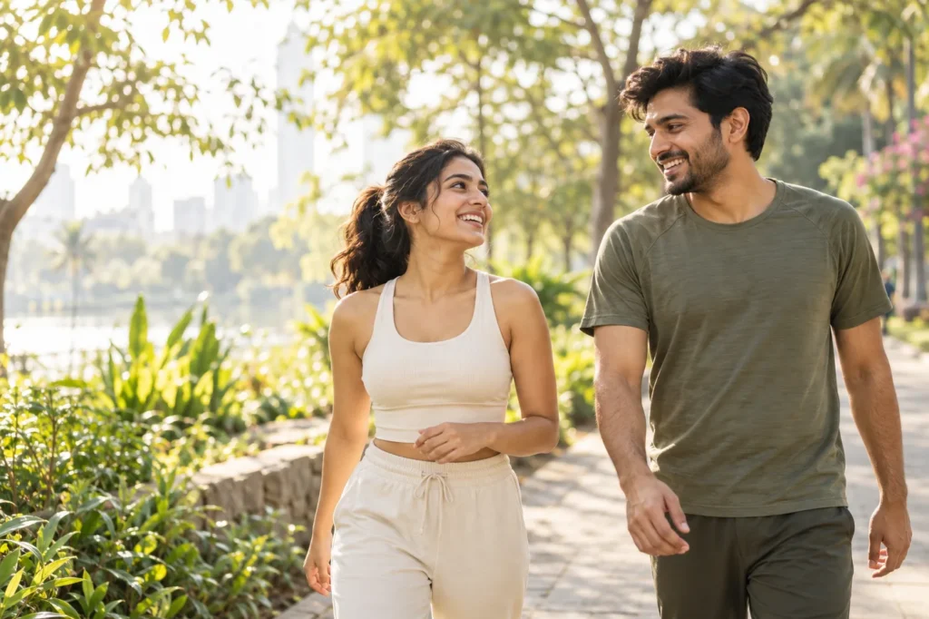 Two friends walking in a sunlit park